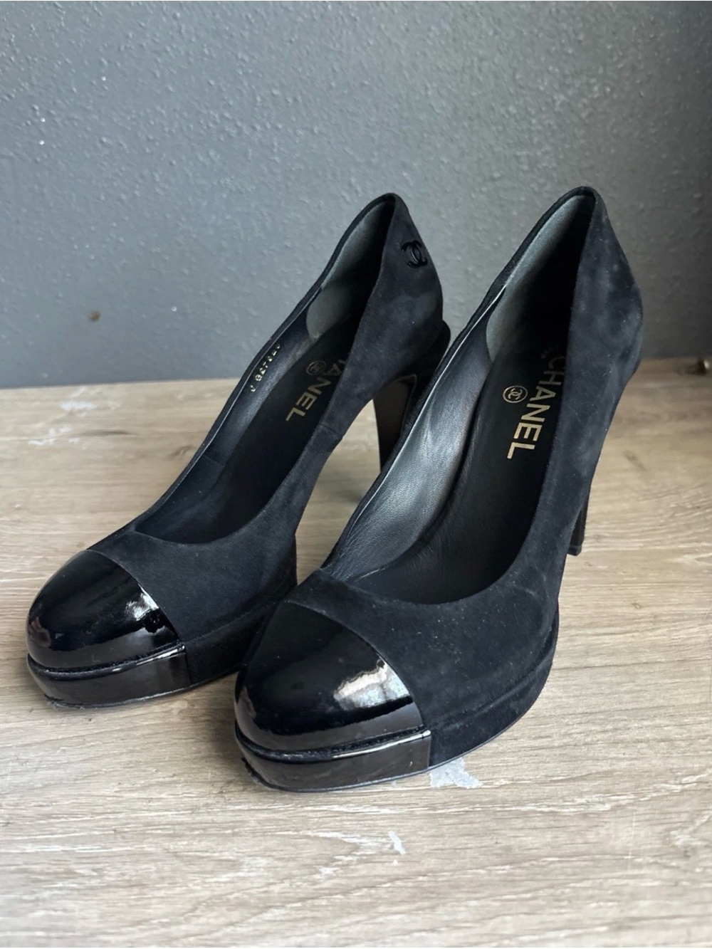 Chanel Black Suede Platform Pumps with Patent Leather Cap Toe size 37.5